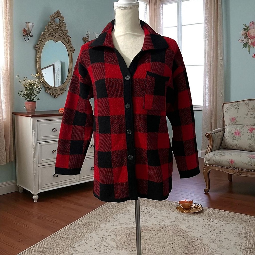Chiaramente Italy Red Black Plaid Wool Blend Button Front Jacket‎ Coat Medium